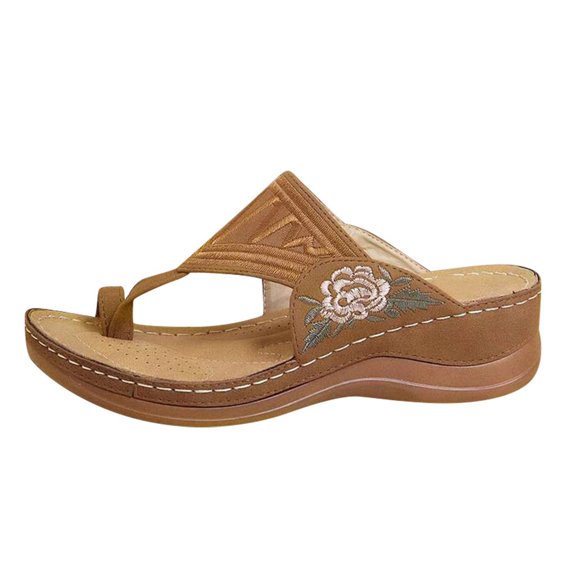 Womens Wedge Sandals Flower Embroidered Vintage Sandals Toe Ring Slip On Sandals Comfort Platform Walking Shoes