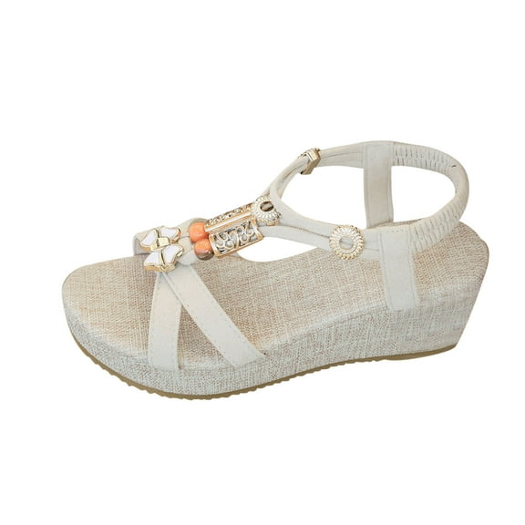 Womens Wedge Sandals Flower Low Heel Dressy Sandals Elastic Ankle Strap Rhinestone Summer Comfortable Shoe