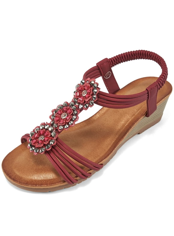 Womens Wedge Sandals Flower Low Heel Dressy Sandals Elastic Ankle Strap Rhinestone Summer Comfortable Shoes