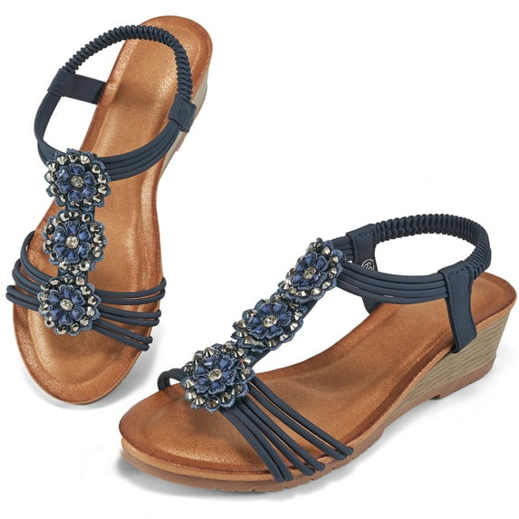 Atoshopce Womens Wedge Sandals Flower Low Heel Dressy Sandals Elastic Ankle Strap Rhinestone Summer Comfortable Shoes