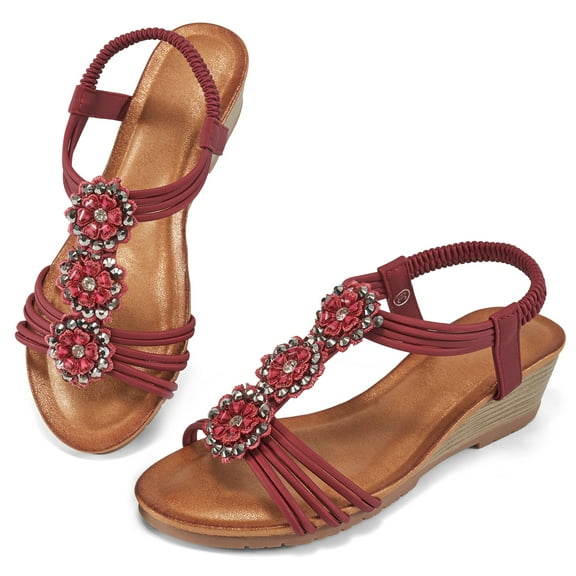 Atoshopce Womens Wedge Sandals Flower Low Heel Dressy Sandals Elastic Ankle Strap Rhinestone Summer Comfortable Shoes