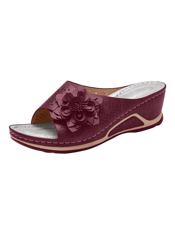 Womens Wedge Sandals Flower Summer Flat Open Toe Platform Shoes 3D Floral Cutout Women's rubber Soft Insole Orthopedic Arch Support Sandals, Retro Bohemian Wedge Slippers