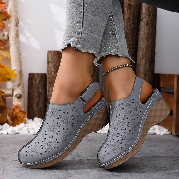 Womens Wedge Sandals - Gray Comfort Slingback Clog with Adjustable Strap & Breathable Cut-Out Design for Casual Everyday Wear,Size 38