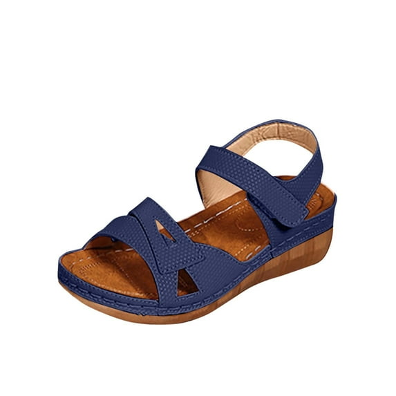 Womens Wedge Sandals Low Heel Dressy Sandals Elastic Ankle Strap Rhinestone Summer Comfortable Shoe Dark Blue 9