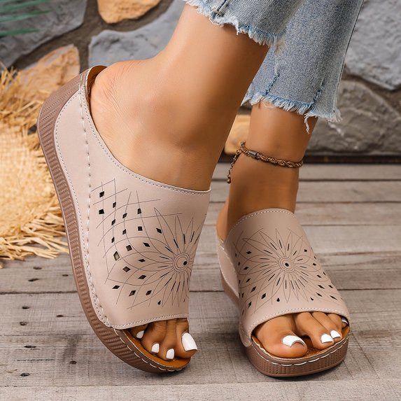 Womens Wedge Sandals Open Toe Elegant Hollow out Leather Platform Slippers Casual Thick Soft Sole Slip on Mules Beige Size 6.5