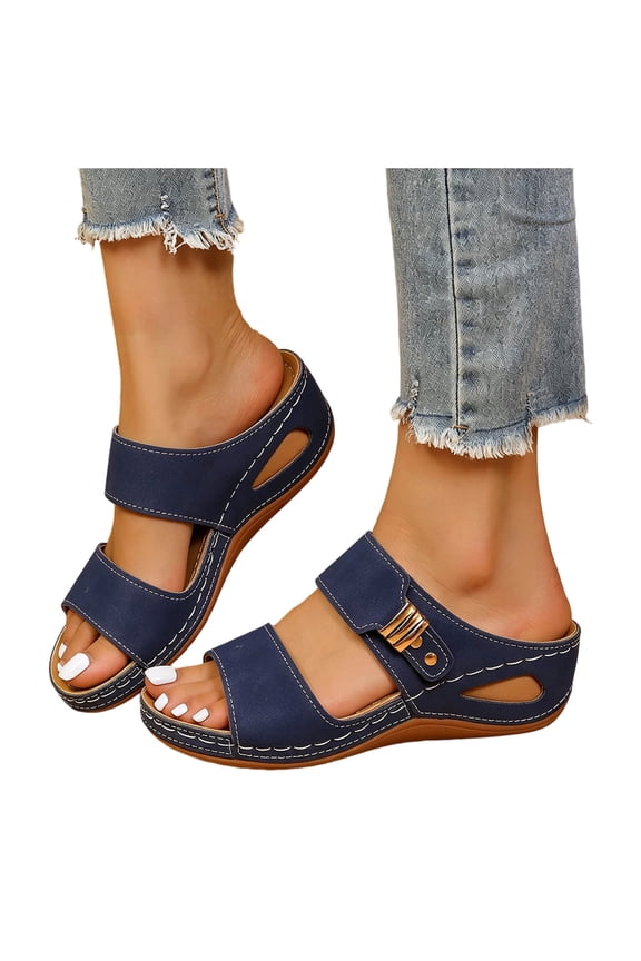 Womens Wedge Sandals Orthopedic Suede Wide Width Slip on Slippers Comfortable Soft Cushion All Day Walking Non Slip Heels Blue Size 9.5