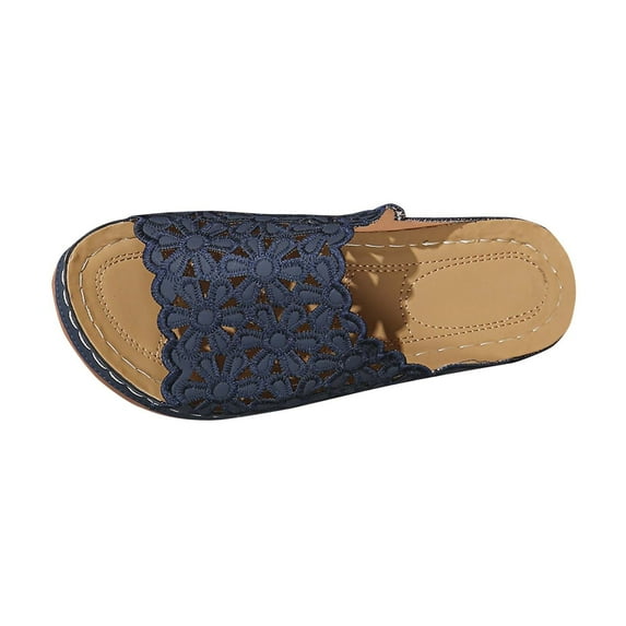 Womens Wedge Sandals PU Leather Dressy Sandal, Rubber Sole, Comfortable Walking, Casual Slip on Summer Shoes Dark Blue 5.5