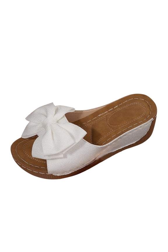 Womens Wedge Sandals - Platform Bow Slide Sandals for Women, Comfortable Slip On Dressy Casual Summer Shoes with Non-Slip Vegan Faux Leather Open Toe, White,Size 6
