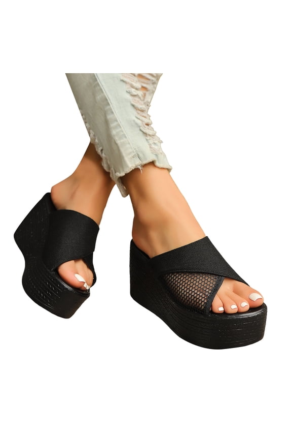Womens Wedge Sandals Platform Slip on Mesh Slides Open Toe Summer Casual Canvas Slippers Backless High Heels Black Size 9.5
