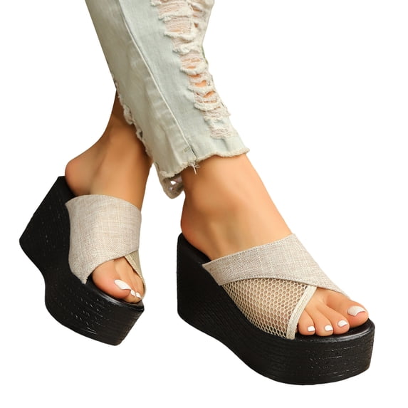 Womens Wedge Sandals Platform Slip on Mesh Slides Open Toe Summer Casual Canvas Slippers Backless High Heels White Size 8.5