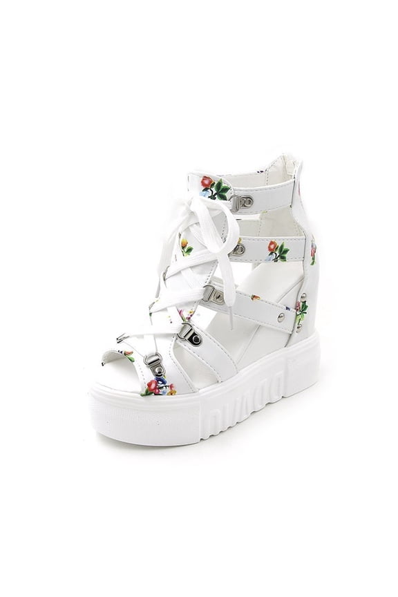 Womens Wedge Sandals Sponge Cake Thick-soled Fish Mouth High-heeled Sandals Floral Lace-up Plus Size Roman Sandals