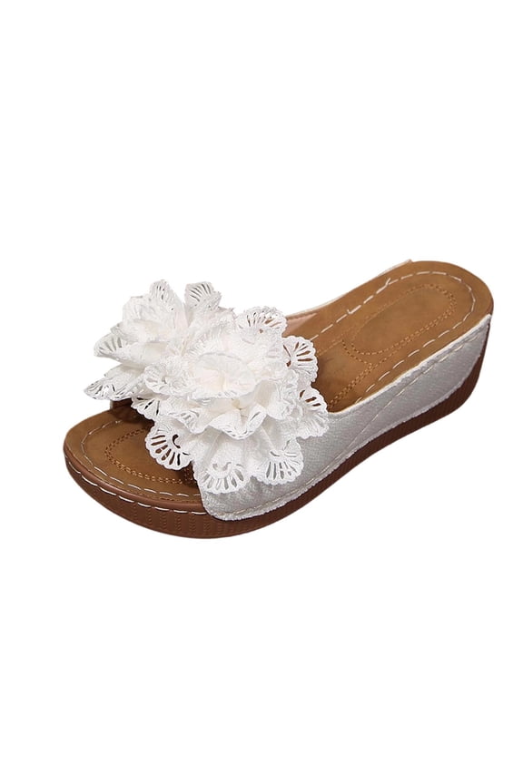 Womens Wedge Sandals White - Floral Slide Sandals with Soft Fuzzy Upper, Cushioned Low Heel Comfort Sandals for Women,Size 6