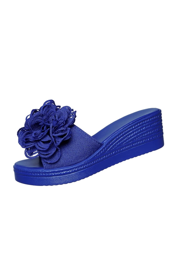 Womens Wedge Slide Sandals Blue Floral Embellished Slip-On Comfortable Low Heel for Women Casual Wear Summer,Size 5.5