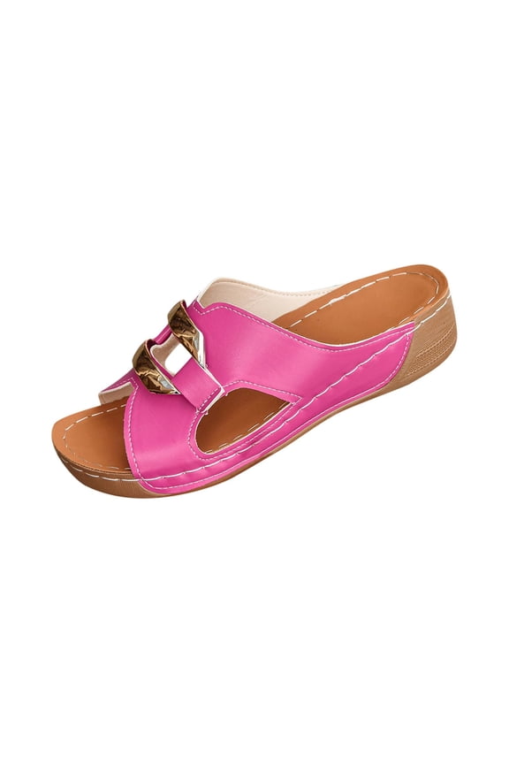 Womens Wedge Slide Sandals Hot Pink - Low Heel Comfortable Walking Mules, Easy Clean Water Resistant Synthetic Faux Leather for Casual Everyday,Size 5.5