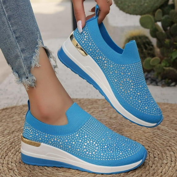 Womens Wedge Sneakers,Walking Shoes,Tennis Shoes Womens,Women Sneakers,Walking Shoes Women,Women's Plus Size Sloped Heel Casual Flats With Rhinestone Embellishments,Sky Blue,11