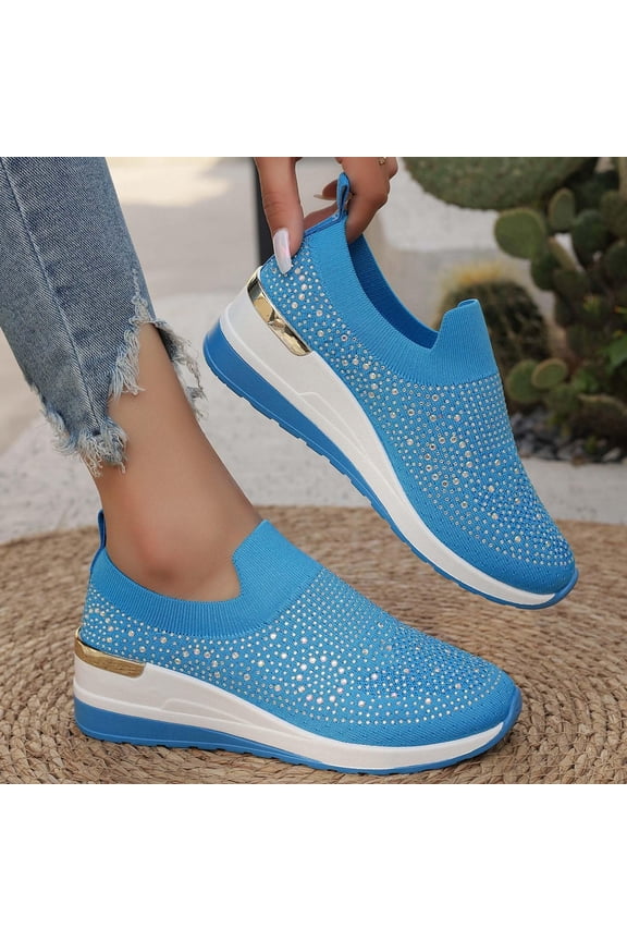 Womens Wedge Sneakers,Walking Shoes,Women's Fashion Glitter Rhinestone Decor Platform Wedge Sneakers, Breathable Mesh Sparkly Glitter Tennis Shoes for Women, Casual Slip-On Walking Shoes,Sky Blue,7