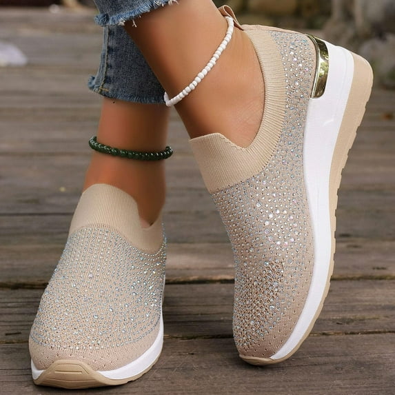 Womens Wedge Sneakers,Walking Shoes,Women's Fashion Glitter Rhinestone Decor Platform Wedge Sneakers, Breathable Mesh Sparkly Glitter Tennis Shoes for Women, Casual Slip-On Walking Shoes,Khaki,11
