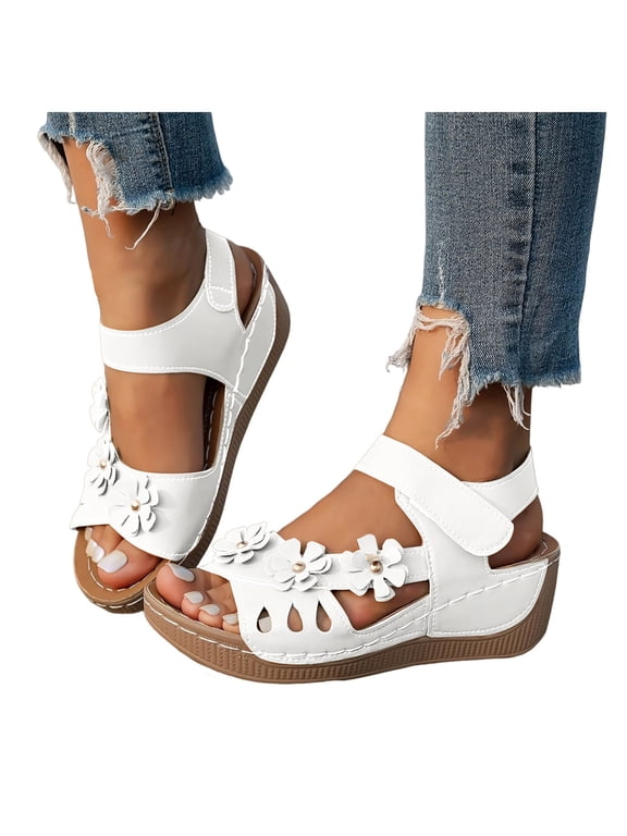 Womens Wedge Walking Sandals with Arch Support Open Toe Orthopedic Sandal Ladies Hook and Loops Summer Outdoor Dress Shoes Size 6.5 White