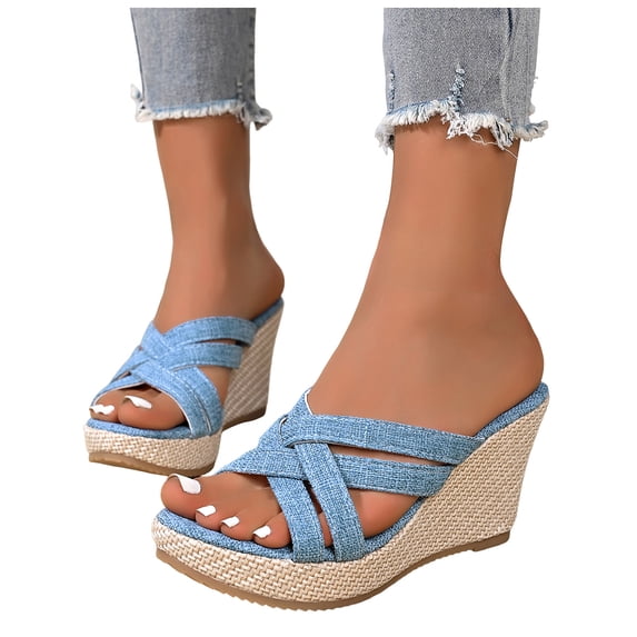 Womens Wedges Heels Arch Support Platform Sandals Casual Denim Strappy Nonslip Slides Dressy Open Toe Slip on Heels Blue Size 6.5
