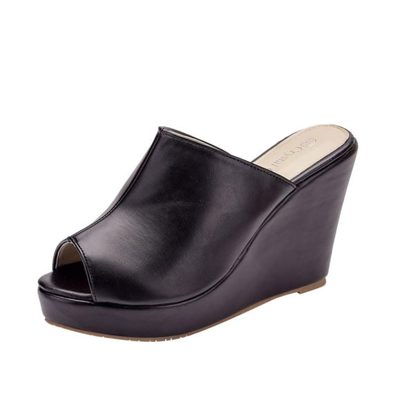 Womens Wedges Heels Platform Peep Open Toe Mules Wedge Slide Sandals Summer Beach Shoes High heels and fishmouth sandals Black Women Sandal