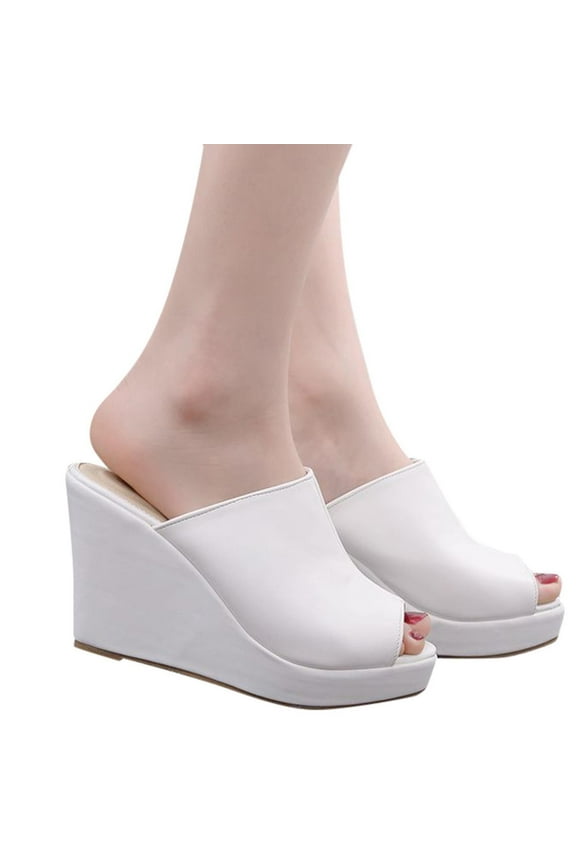 Womens Wedges Heels Platform Peep Open Toe Mules Wedge Slide Sandals Summer Beach Shoes High heels and fishmouth sandals White Women Sandal