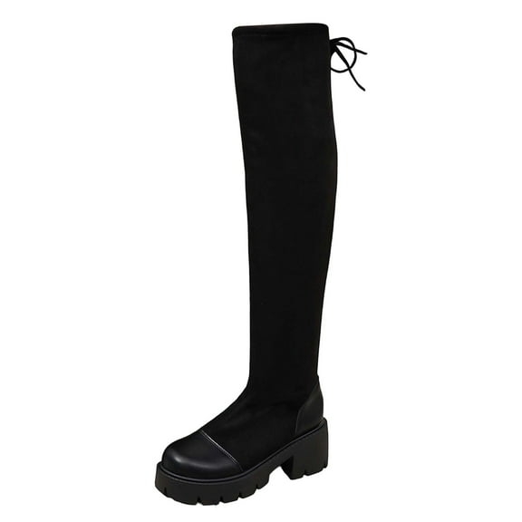 Womens Western Boots Fall/Winter Arrivals: Thick Soled Knee High Boots Stretch Slim Fit Boots Plus Sizes Black Flock, 37 Size