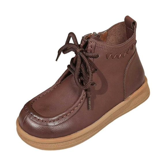 Womens Western Boots Fashion Ankle Boots Low Top Lace Up Round Toe Low Heel Casual Comfortable Footwear for Daily Wear Brown Pu, 35 Size