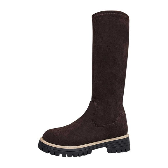 Womens Western Boots Fashion Stretch Slim Fit Knee High Boots with Round Toe and Platform for Comfortable and Stylish Footwear Brown Flock, 37 Size