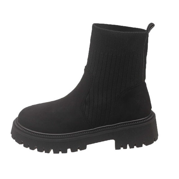 Womens Western Boots Fashion Stretch Suede Ankle Boots for Autumn Winter Comfortable Knit Casual Booties with Elastic Design and Solid Color Black Flock, 35 Size