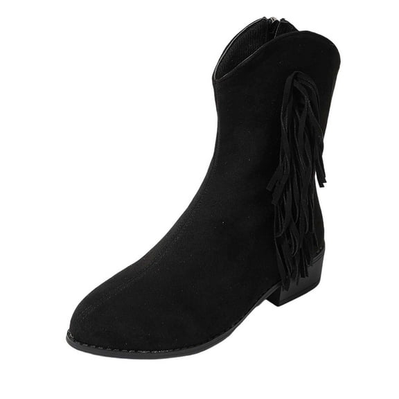 Womens Western Boots Fashionable Suede Ankle Boots with Side Zipper and Tassel Detail Comfortable Low Heel Dress Casual Booties for Everyday Wear Black Flock, 39 Size