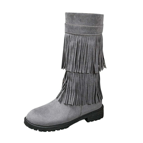 Womens Western Boots Mid Calf Boots Suede Fringe Side Zipper Flat Heel Comfortable Casual Fashion Booties for Fall and Winter Seasons Grey Flock, 36 Size