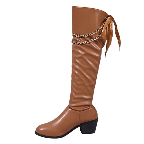 Womens Western Boots Women's Low Heel Round Toe Back Lacing Mid Calf Boots for Fall and Winter Brown Pu, 37 Size