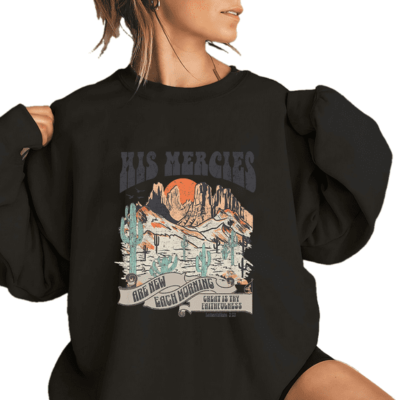 Womens Western Christian Lamentations 3:23 Print Tops Bible Verse Sweatshirts Casual Shirts Long Sleeve Crewneck Pullover for Daily Outfits Black,XL