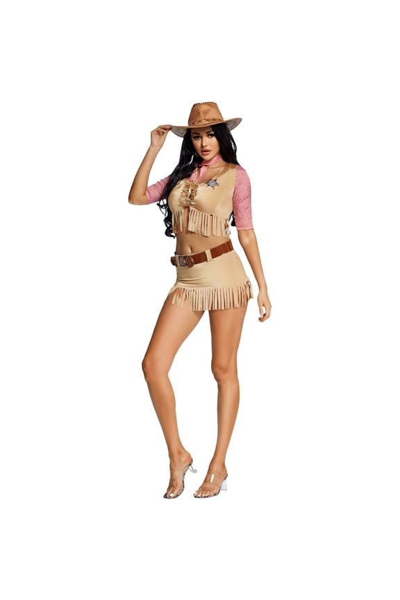 Womens Western Cowboy 5 Pcs Outfits 70S Hippie Fringe Set Country Concert Rodeo Dress Up