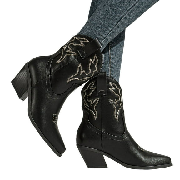 Womens Western Cowboy Boots Vintage Stitched Pointed Toe Chunky High Heel Wide Mid Calf Cowgirl Booties