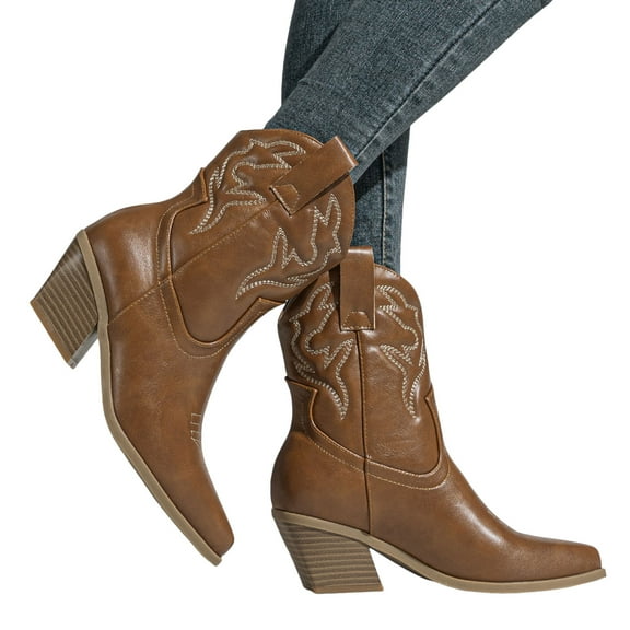 Womens Western Cowboy Boots Vintage Stitched Pointed Toe Chunky High Heel Wide Mid Calf Cowgirl Booties