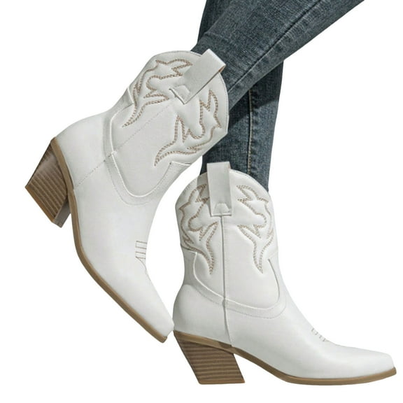 Womens Western Cowboy Boots Vintage Stitched Pointed Toe Chunky High Heel Wide Mid Calf Cowgirl Booties