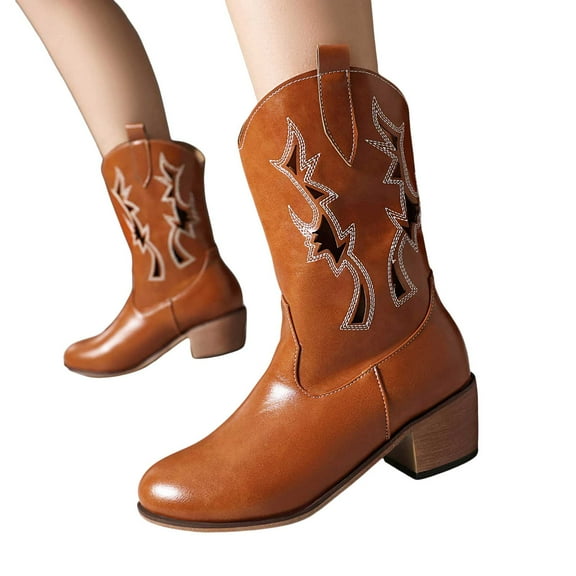 Womens Western Cowboy Boots Winter Fall Leather Round Toe Stacked Chunky Heel Wide Mid Calf Cowgirl Dress Boots