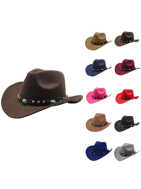 Womens Western Cowboy Hats Studded Pinched Men Western Cowgirl Hats Wide Brim Fedoras Hat with Belt Buckle Black One Size