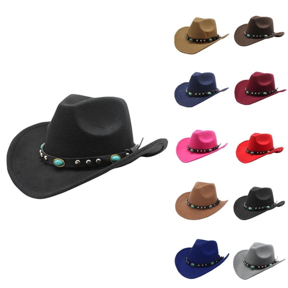 Womens Western Cowboy Hats Studded Pinched Western Cowgirl Hats Wide Brim Fedoras Hat with Belt Buckle Black One Size