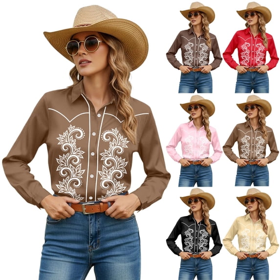 Womens Western Cowboy Shirts Cowgirl Country Style Floral Embroidery Button Down Shirt Long Sleeve Snap Beige Tops L