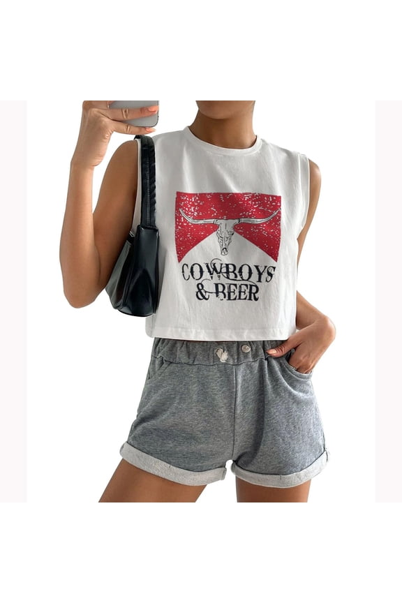 Womens Western Cowgirl Casual Tanks Music Festivals Patterned Design Round Neck Spring Summer Versatile Jeans Country Concert Rodeo Dress Up