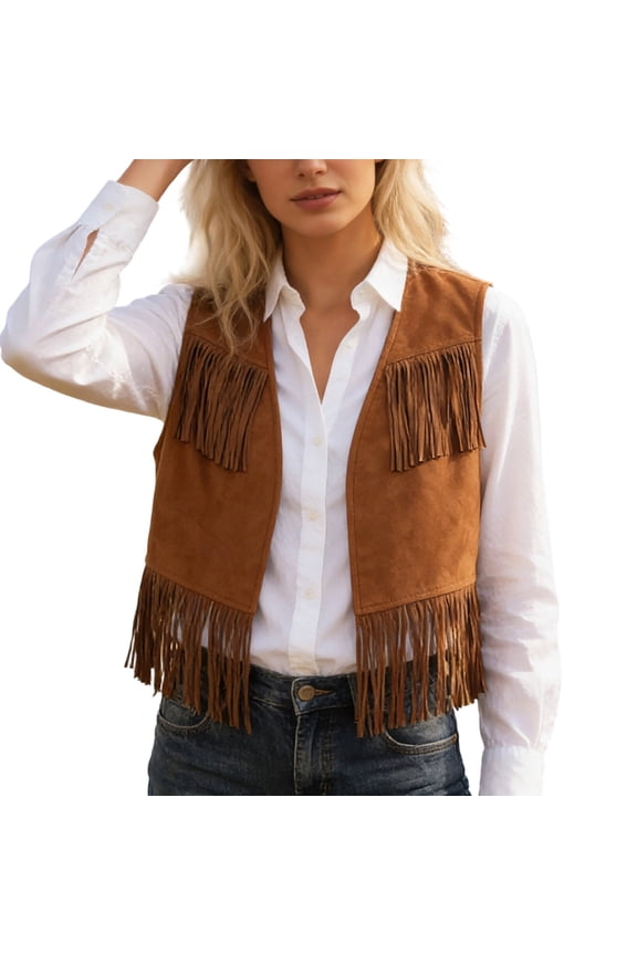 Womens Western Cowgirl Distressed Denim Vest Fringe Trim Casual Open Front Choker Neck Jacket Country Concert Rodeo Dress Up