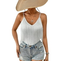 Womens Western Cowgirl Fringe Top - Country Concert Outfits Festival Tassel Hem Boho Rodeo Camisole Rave Tank Shirt White M