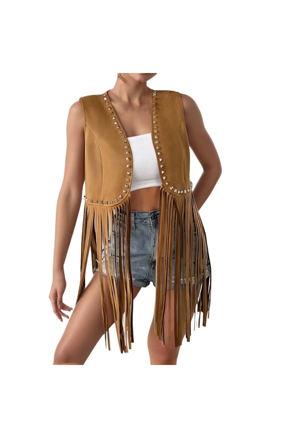 Womens Western Cowgirl Solid Fringed Hippie Vest Sleeveless Denim Velvet Fringed Jacket Country Concert Rodeo Dress Up