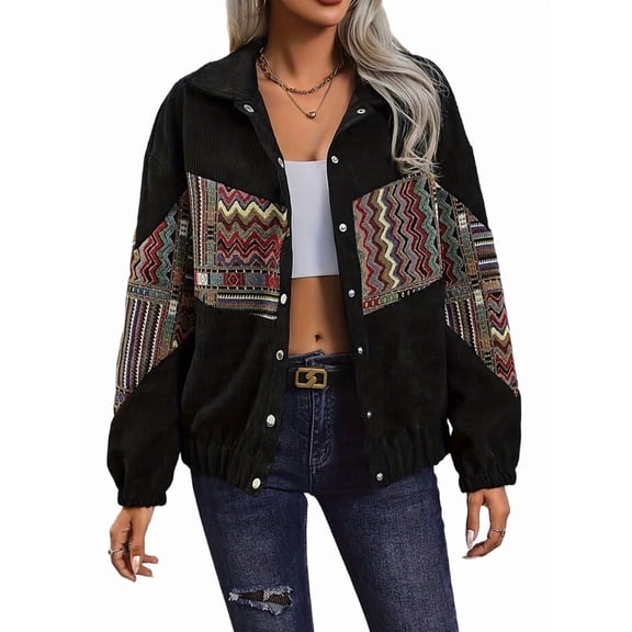 Womens Western Embroidered Corduroy Jacket Long Sleeve Button Down Casual Shackets Coat Fall Outwear Black L