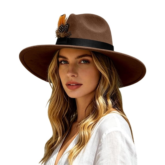 Womens Western Fedora Hat Wide Brim Cowboy Hat with Feather Accent Suede Style Dress Hat for Western Events Parties and Outfits