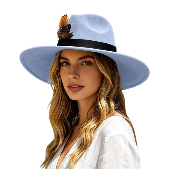 Womens Western Fedora Hat Wide Brim Cowboy Hat with Feather Accent Suede Style Dress Hat for Western Events Parties and Outfits