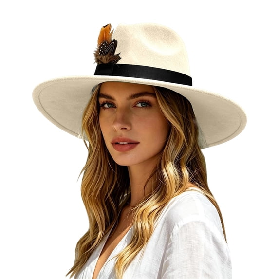 Womens Western Fedora Hat Wide Brim Cowboy Hat with Feather Accent Suede Style Dress Hat for Western Events Parties and Outfits