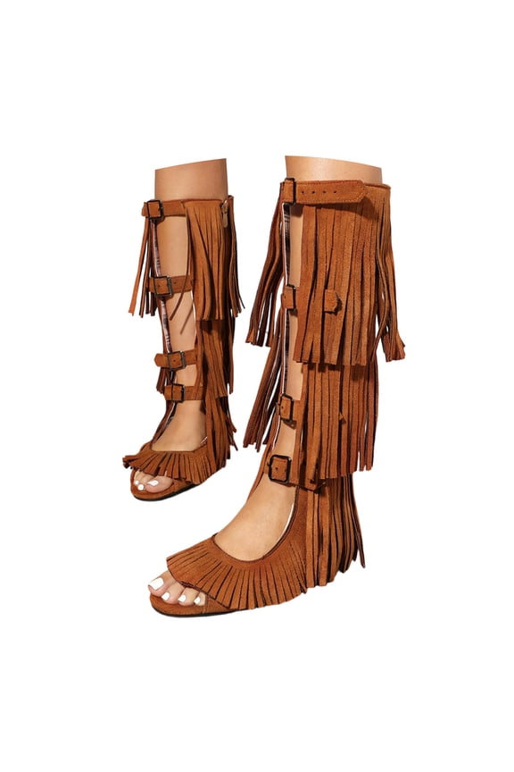Womens Western Fringe Chunky Heeled Sandals Summer Knee High Boots with Side Zipper Caged Buckle Strap Dress Shoes Yellow Size 7